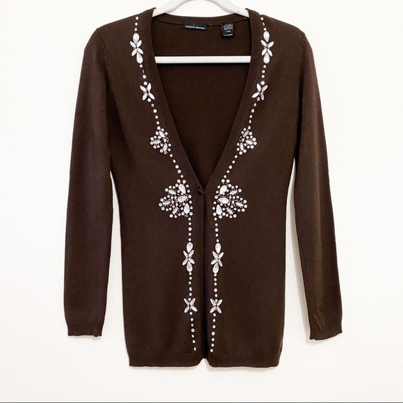 Moda International Sweaters - Moda Int Brown Cashmere Rhinestones Cardigan XXS